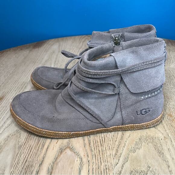 UGG Reid Moc Bootie Suede Ankle Boot Tan Slate Wrap Lace Boho Women’s Size 7.5 - Picture 4 of 11